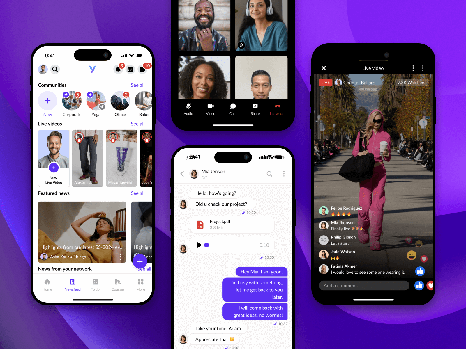 YOOBIC Communicate module on mobile: communities, live video and chat
