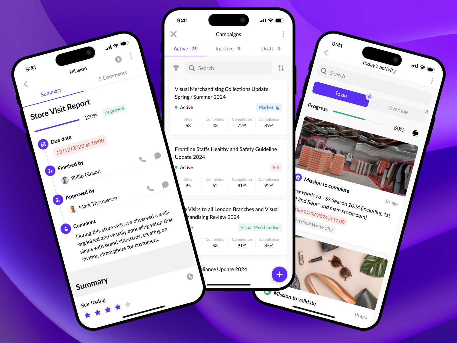 YOOBIC Work module on mobile: store visit report, campaigns and today's activity