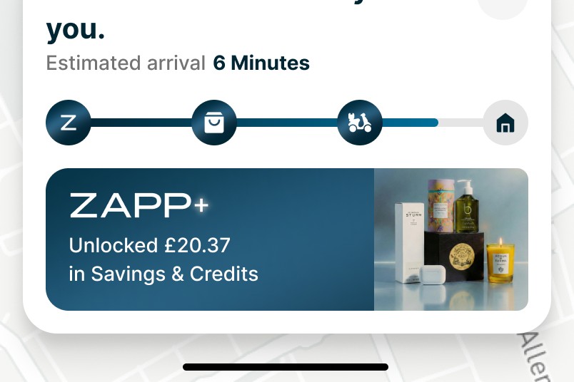 Zapp order tracking surface — status, progress tracker and membership value